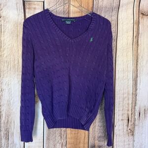 Ralph Lauren Sport Sweater Cable Knit V Neck Preppy Vintage 1990s Cotton Large